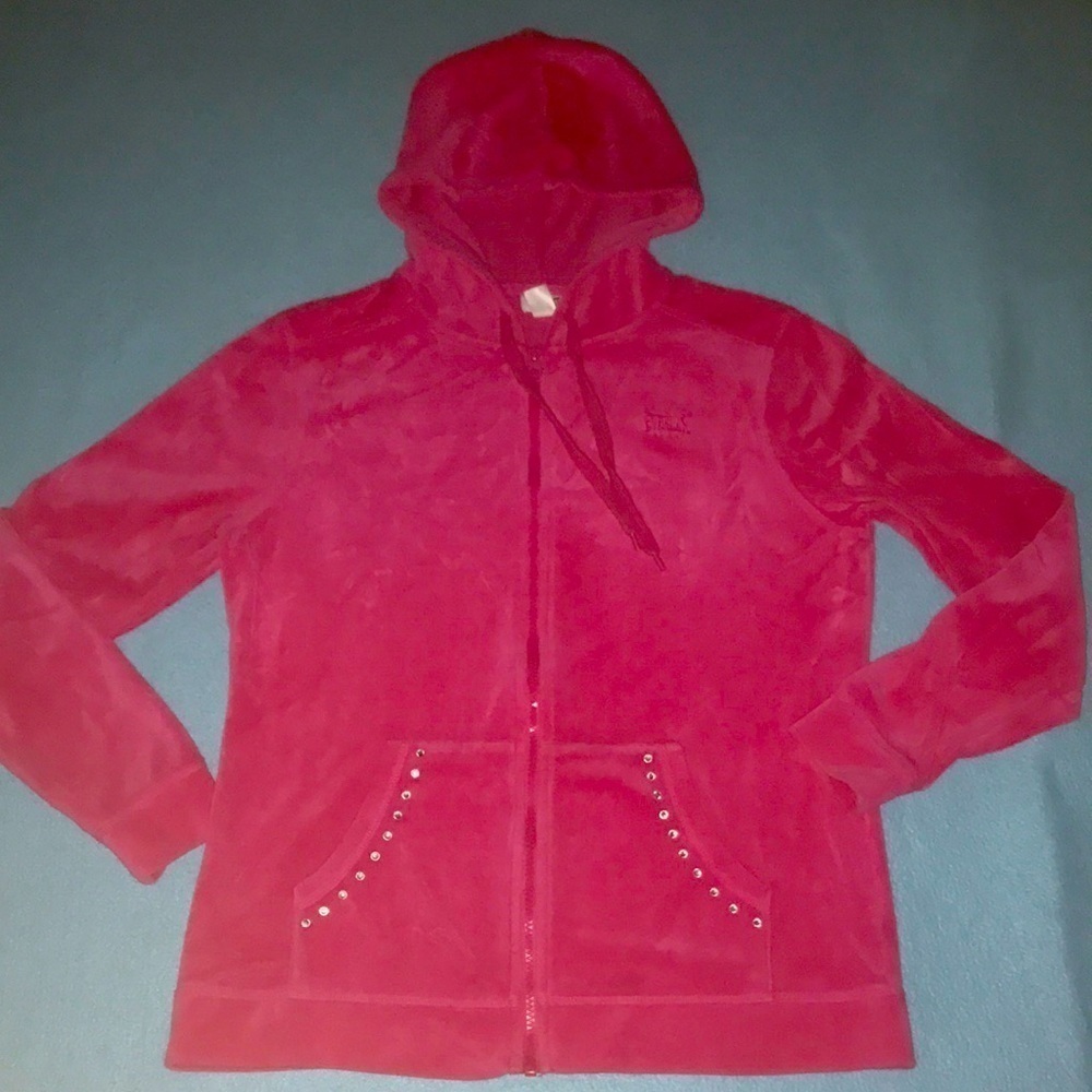 EVERLAST SPORT hot pink velour zip up hoodie bling trim at pockets NEW size L